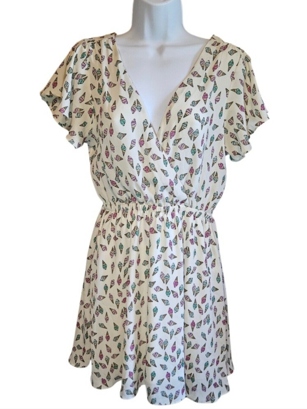 0081 Forever 21 Ice Cream Cone Print Mini Dress Flutter Sleeve Novelty Medium